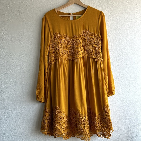 Anthropologie Maeve Mustard Yellow Long Sleeve Lace Detail Dress Sz. S - Picture 2 of 7